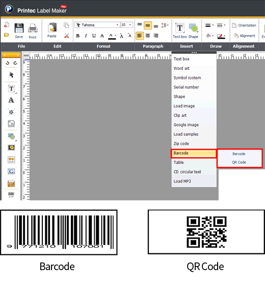 Various Barcode support (Standard and QR code)